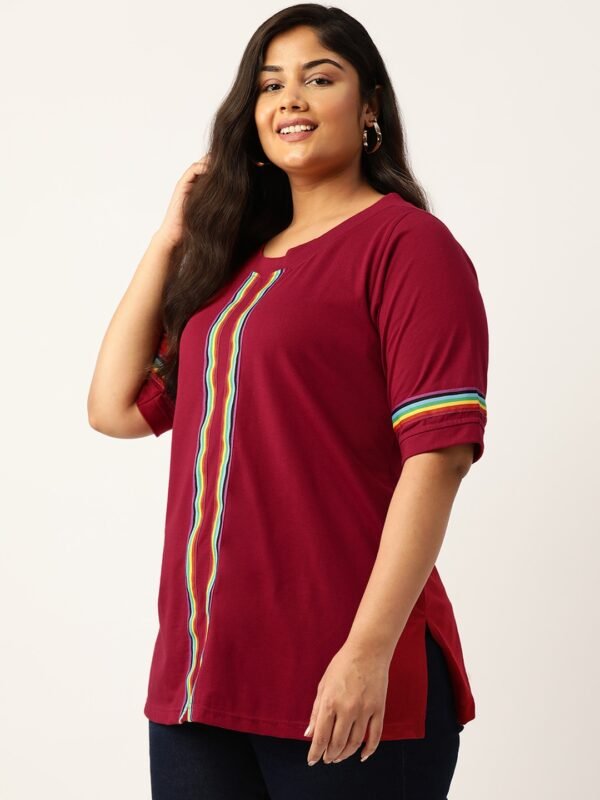 Women's Plus Size Maroon Solid Color With Striped Detail Cotton T-shirt