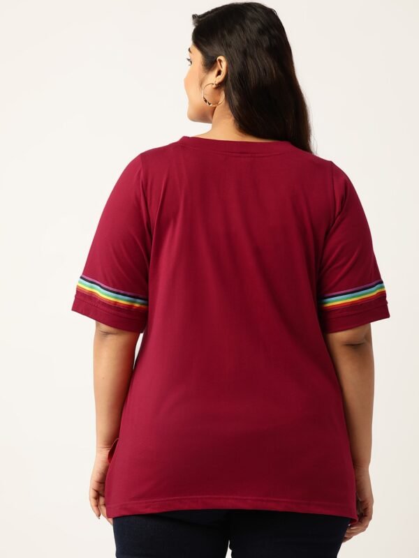 Women's Plus Size Maroon Solid Color With Striped Detail Cotton T-shirt