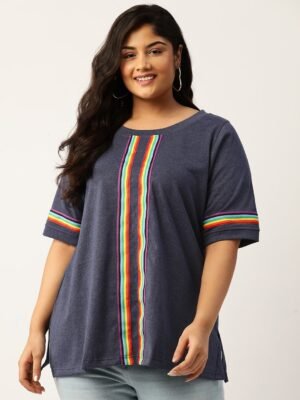 Women's Plus Size Melange Blue Solid Color With Striped Detail Cotton T-shirt