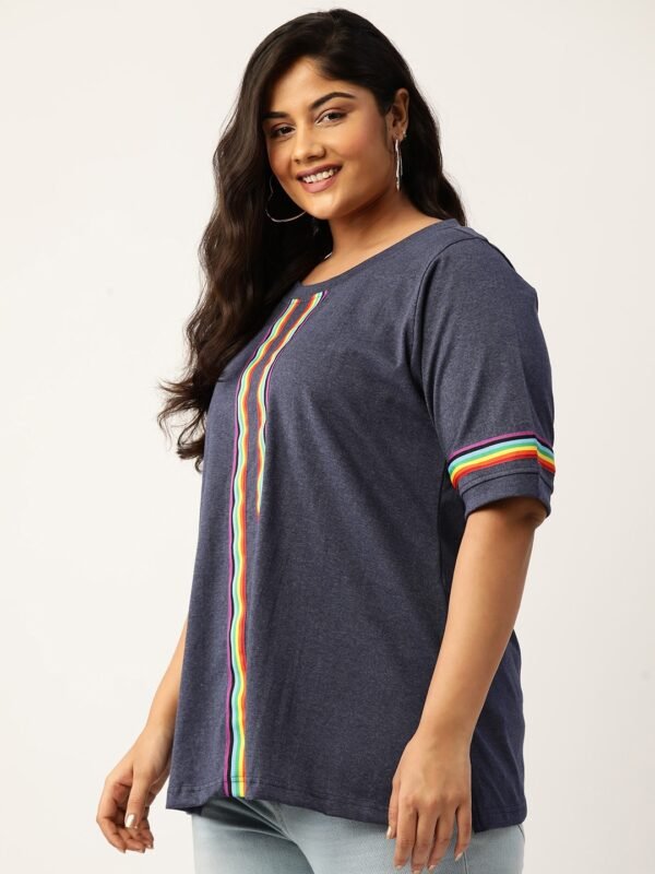 Women's Plus Size Melange Blue Solid Color With Striped Detail Cotton T-shirt