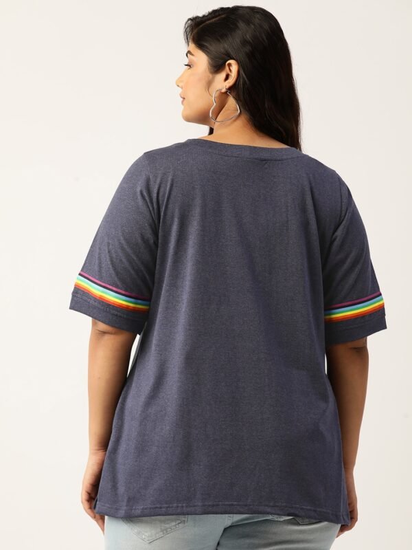 Women's Plus Size Melange Blue Solid Color With Striped Detail Cotton T-shirt