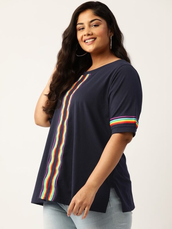 Women's Plus Size Navy Blue Solid Color With Striped Detail Cotton T-shirt