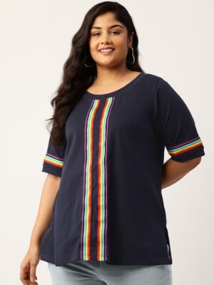 Women's Plus Size Navy Blue Solid Color With Striped Detail Cotton T-shirt