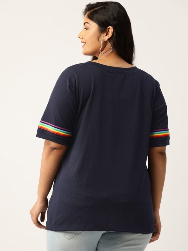 Women's Plus Size Navy Blue Solid Color With Striped Detail Cotton T-shirt