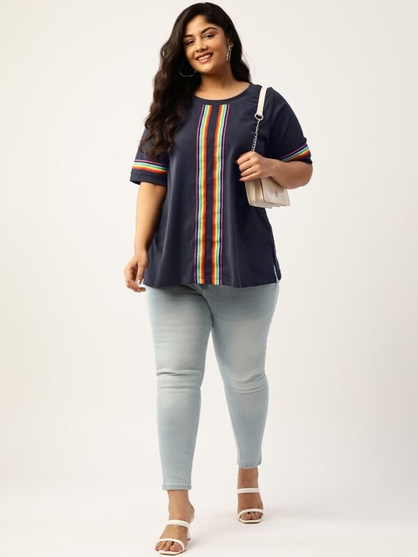 Women's Plus Size Navy Blue Solid Color With Striped Detail Cotton T-shirt