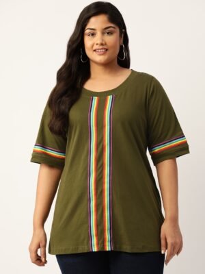 Women's Plus Size Olive Solid Color With Striped Detail Cotton T-shirt