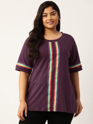 Women's Plus Size Purple Solid Color With Striped Detail Cotton T-shirt