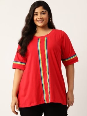 Women's Plus Size Red Solid Color With Striped Detail Cotton T-shirt