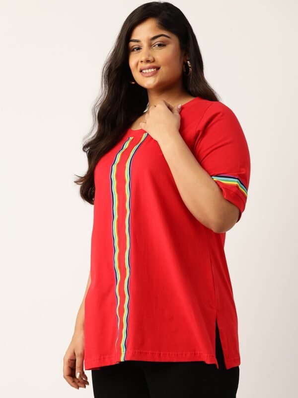 Women's Plus Size Red Solid Color With Striped Detail Cotton T-shirt