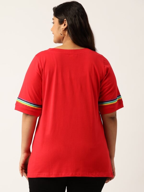 Women's Plus Size Red Solid Color With Striped Detail Cotton T-shirt