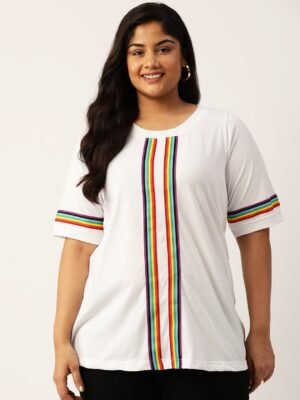 Women's Plus Size White Solid Color With Striped Detail Cotton T-shirt