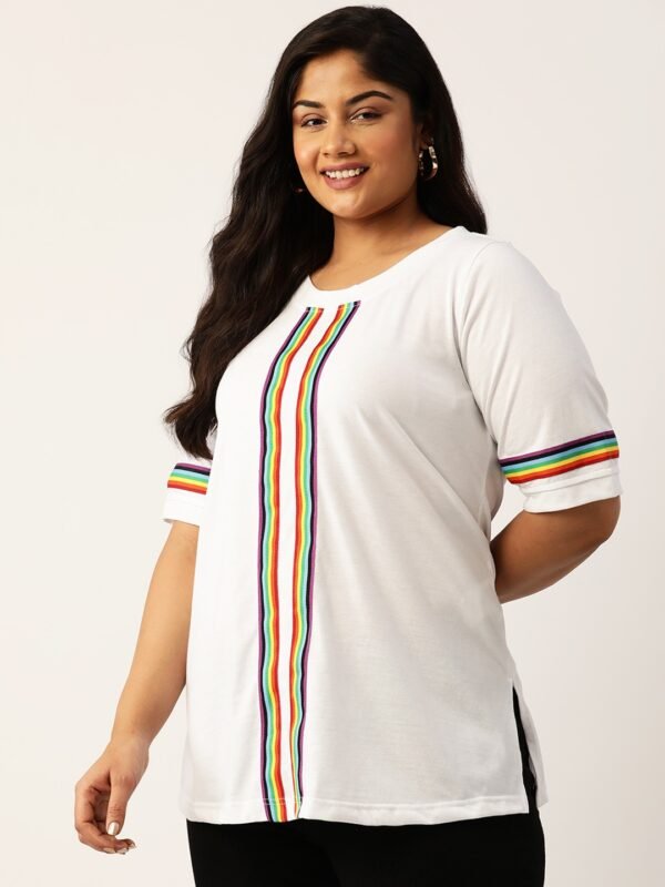 Women's Plus Size White Solid Color With Striped Detail Cotton T-shirt