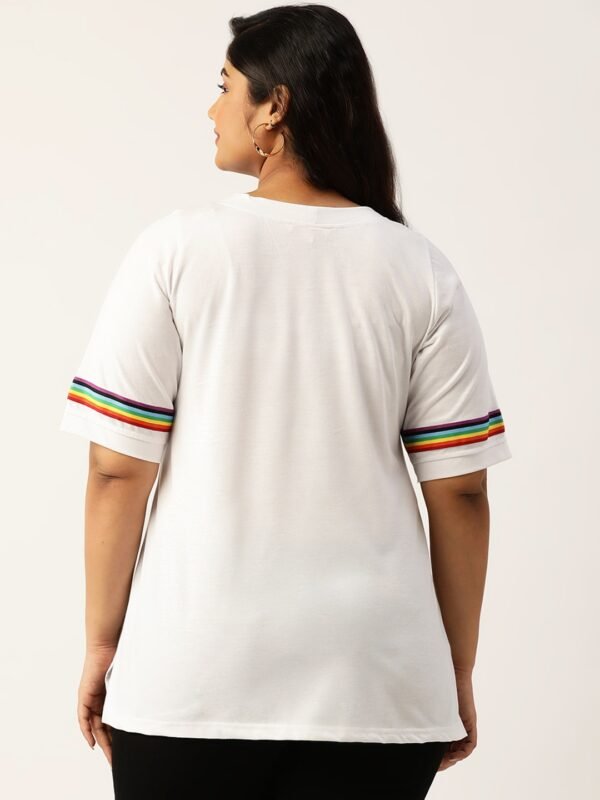 Women's Plus Size White Solid Color With Striped Detail Cotton T-shirt