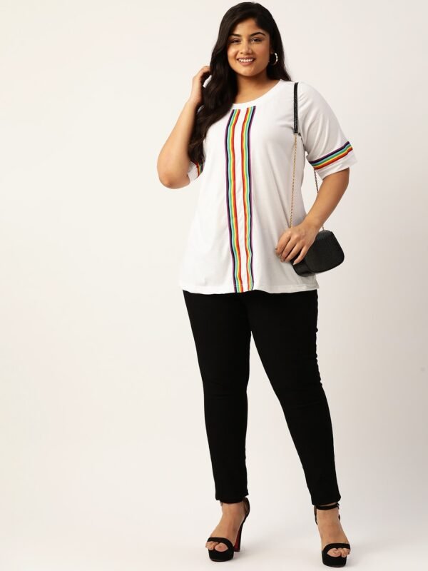 Women's Plus Size White Solid Color With Striped Detail Cotton T-shirt