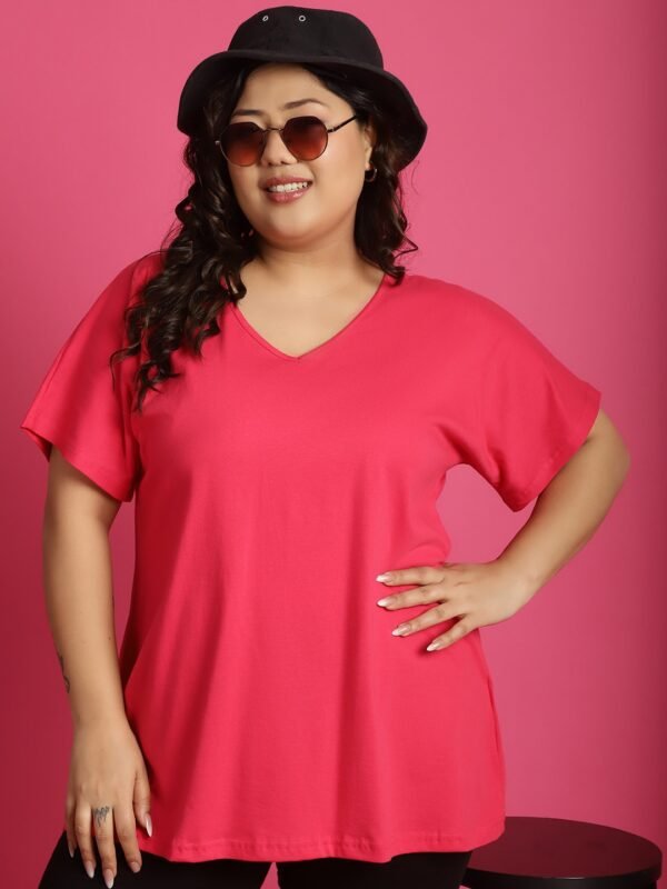 Women's Plus Size Fuchsia solid color cotton knitted T-shirt