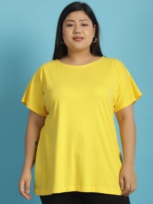 Women's Plus Size Yellow solid color cotton knitted T-shirt