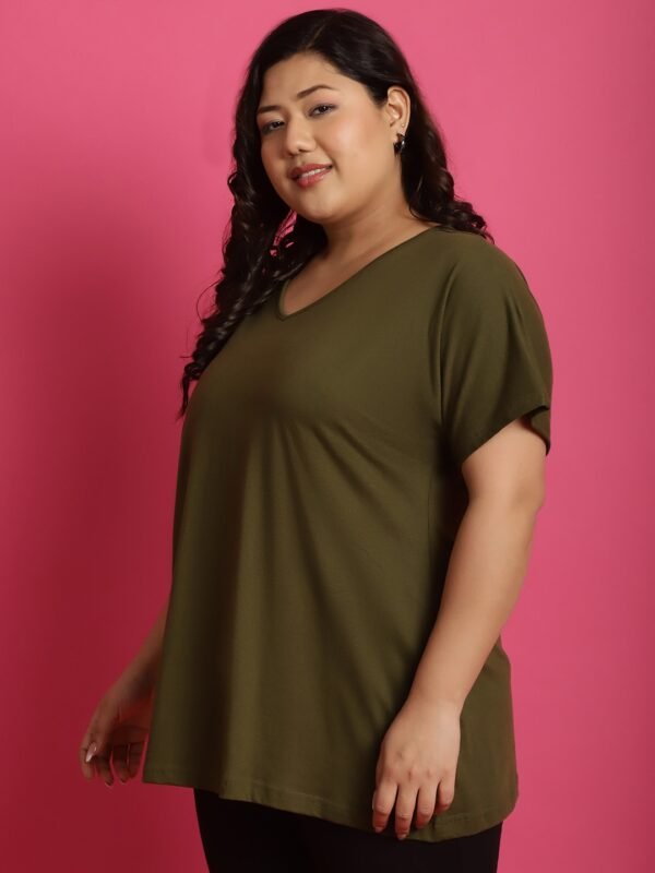 Women's Plus Size Olive solid color cotton knitted T-shirt