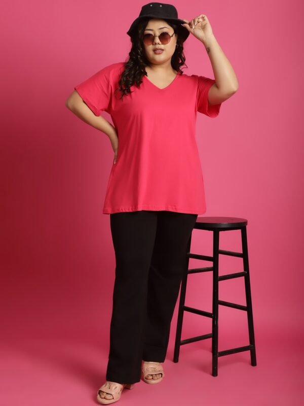 Women's Plus Size Fuchsia solid color cotton knitted T-shirt