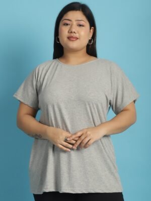 Women's Plus Size Light Grey solid color cotton knitted T-shirt