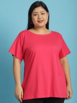 Women's Plus Size Fuchsia solid color cotton knitted T-shirt