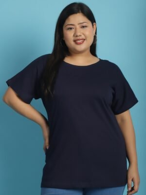 Women's Plus Size Navy Blue solid color cotton knitted T-shirt