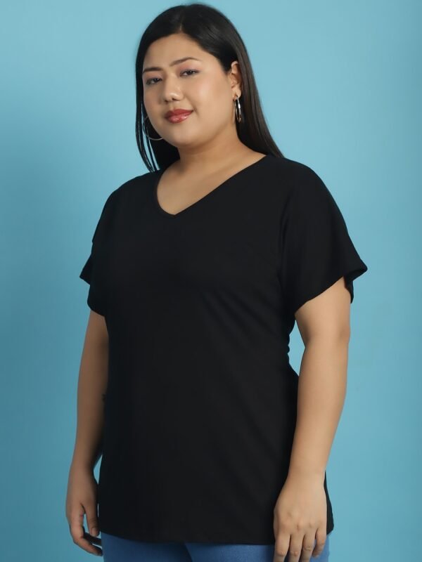 Women's Plus Size Black solid color cotton knitted T-shirt