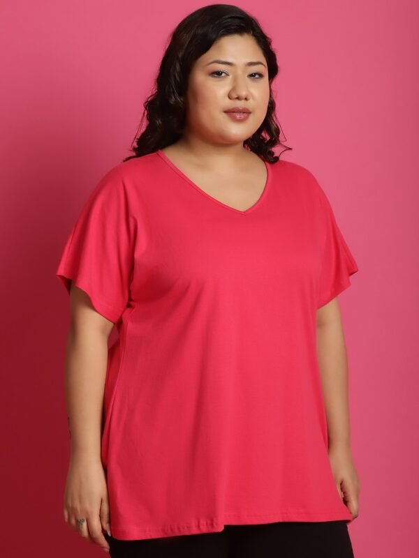 Women's Plus Size Fuchsia solid color cotton knitted T-shirt