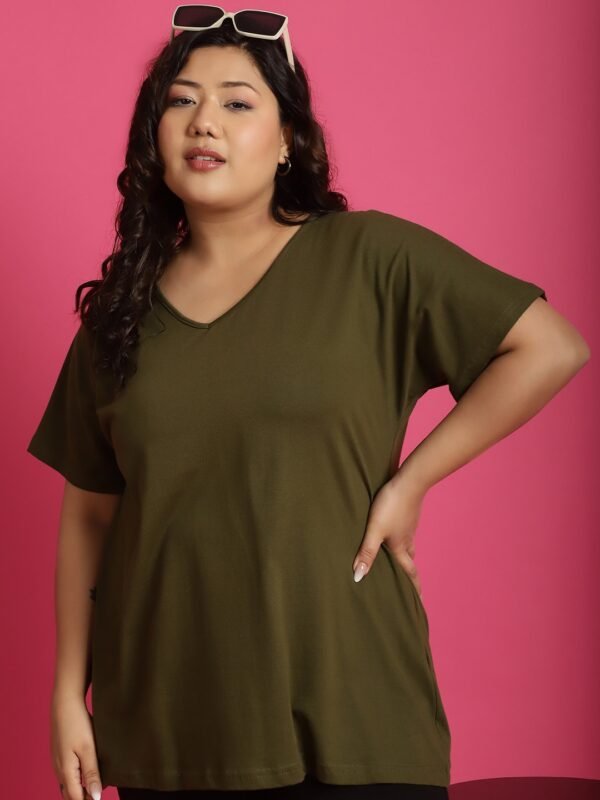 Women's Plus Size Olive solid color cotton knitted T-shirt