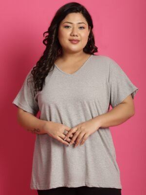 Women's Plus Size Light Grey solid color cotton knitted T-shirt