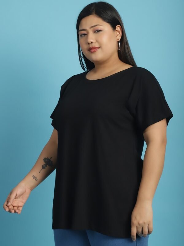 Women's Plus Size Black solid color cotton knitted T-shirt