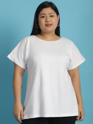 Women's Plus Size White solid color cotton knitted T-shirt