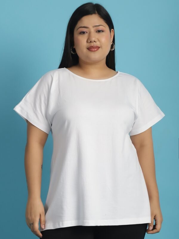 Women's Plus Size White solid color cotton knitted T-shirt