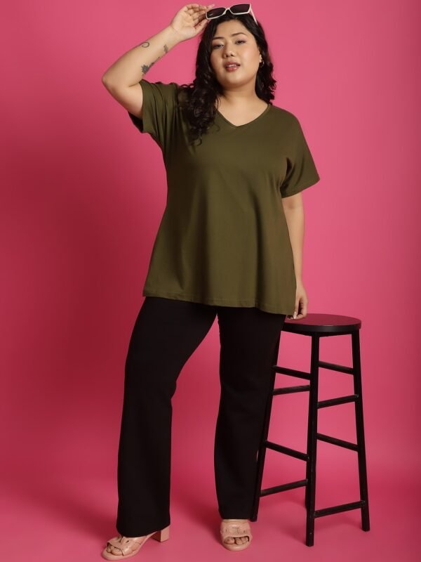 Women's Plus Size Olive solid color cotton knitted T-shirt