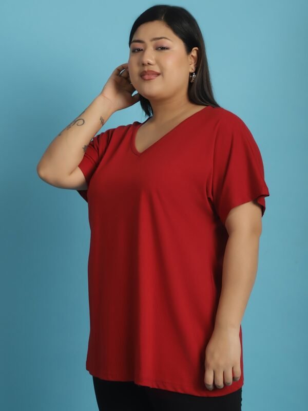 Women's Plus Size Maroon solid color cotton knitted T-shirt