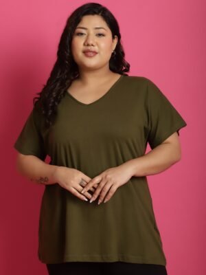 Women's Plus Size Olive solid color cotton knitted T-shirt