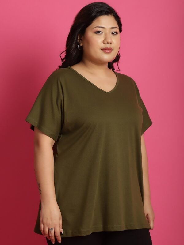 Women's Plus Size Olive solid color cotton knitted T-shirt