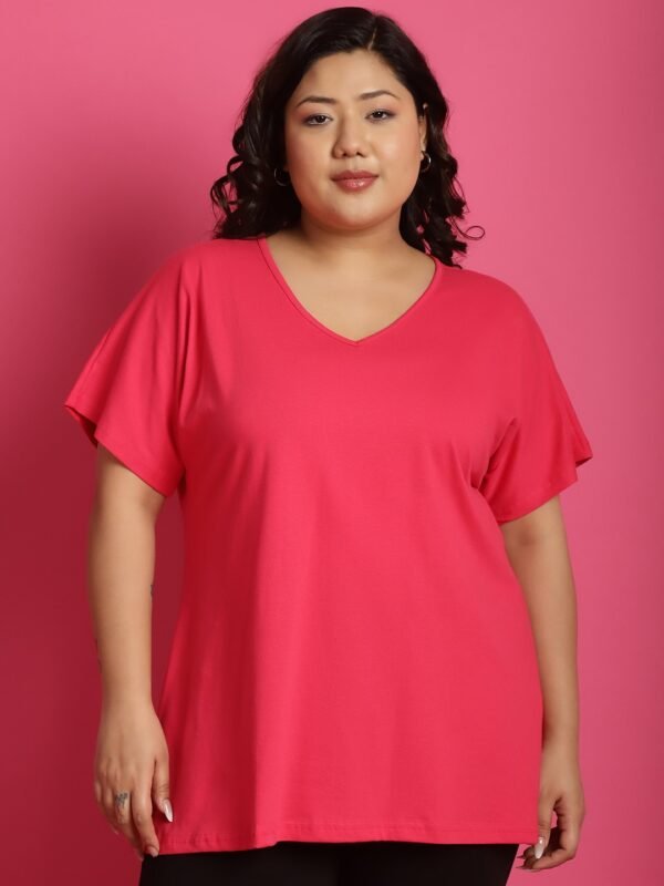 Women's Plus Size Fuchsia solid color cotton knitted T-shirt