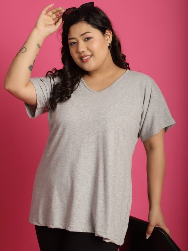 Women's Plus Size Light Grey solid color cotton knitted T-shirt