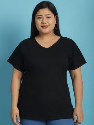 Women's Plus Size Black solid color cotton knitted T-shirt