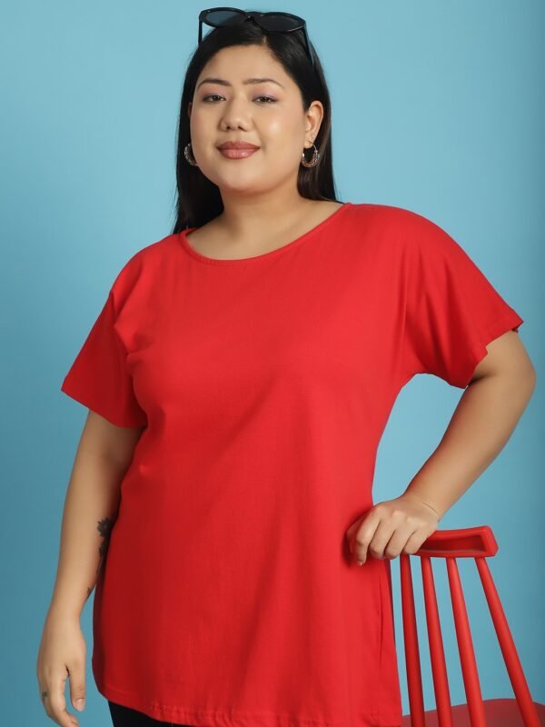 Women's Plus Size Red solid color cotton knitted T-shirt