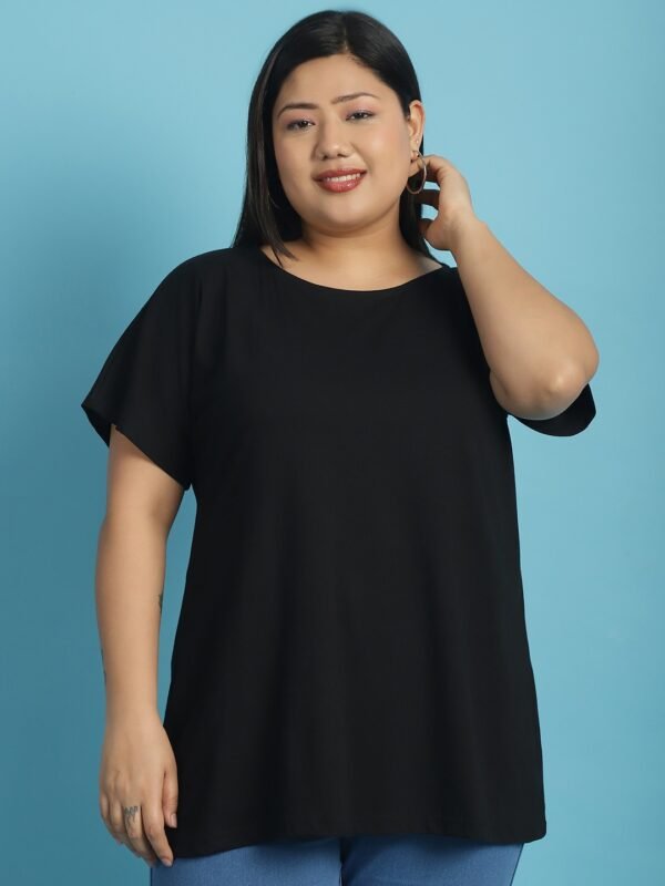 Women's Plus Size Black solid color cotton knitted T-shirt