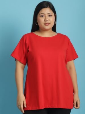 Women's Plus Size Red solid color cotton knitted T-shirt